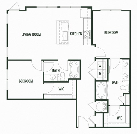 Floor plan for 2 beds, 2 baths, 1040 sqft